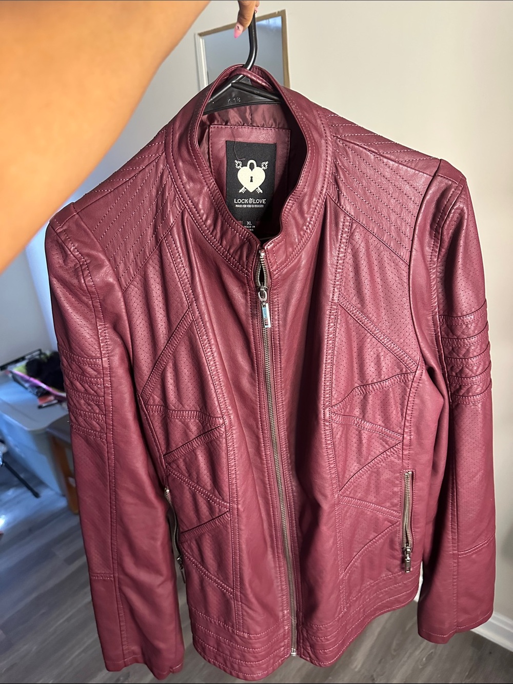 Lock & Love Women's Burgundy Faux Leather Bomber Jacket